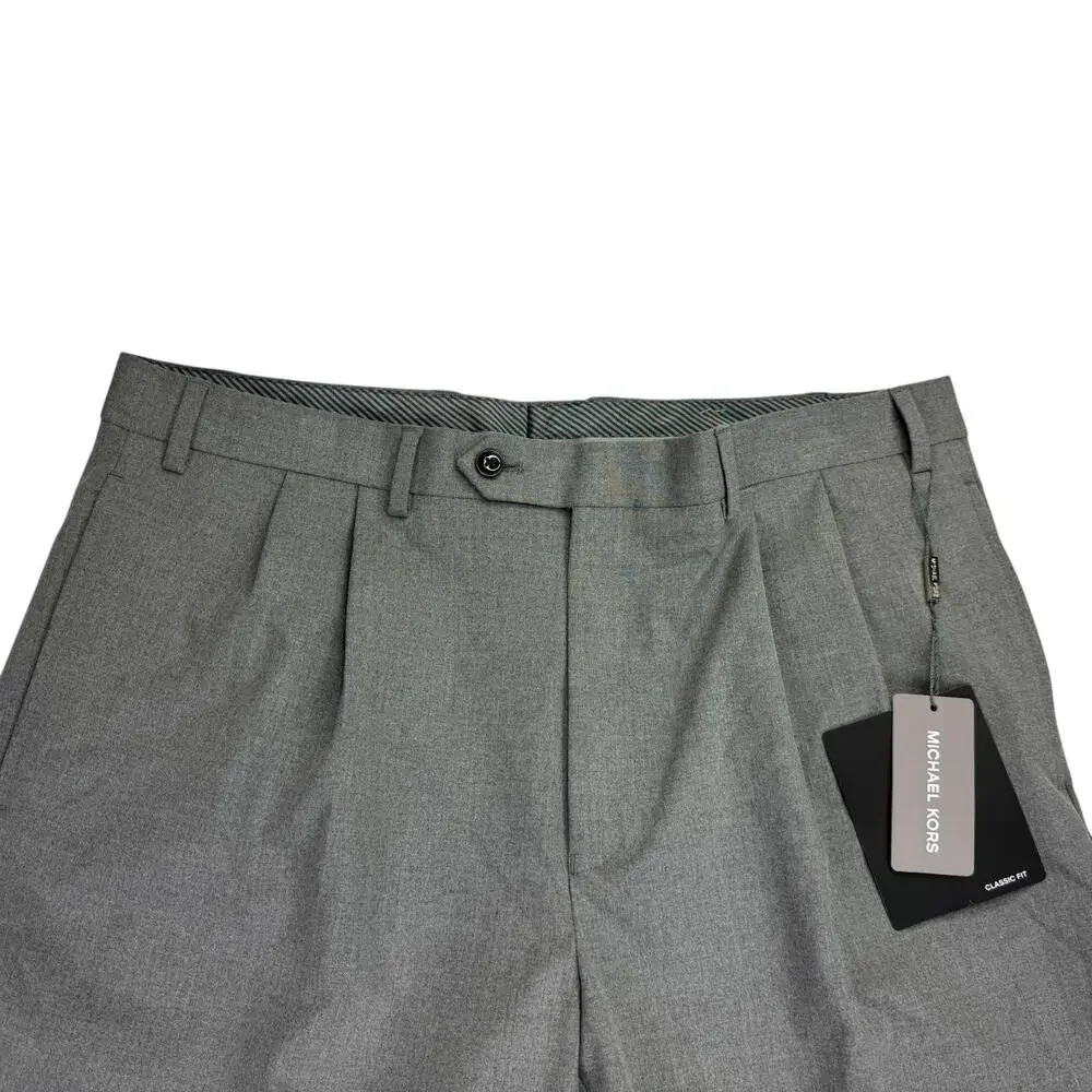 Michael Kors Mens Pleated Cuffed Solid Classic Fit Stretch Pants Gray 36x32